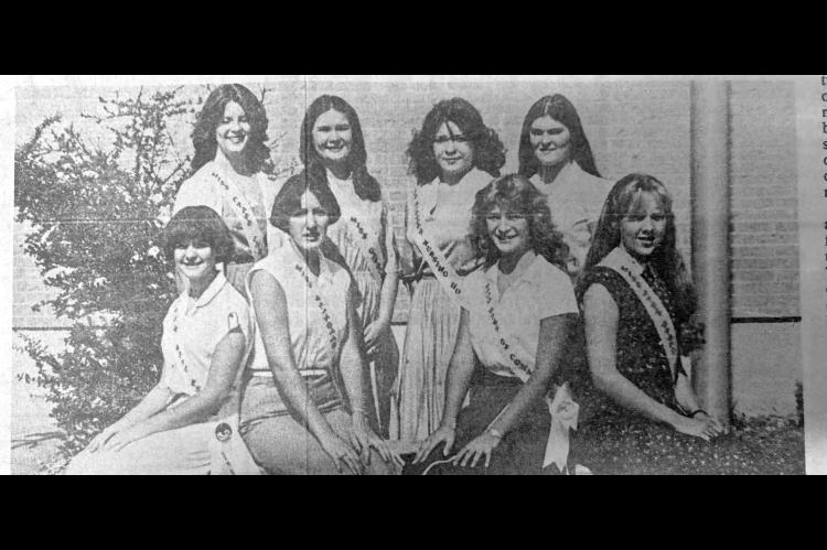 SUCKER DAY QUEEN HOPEFULS... Eight of the 12 Wetumka pretty contestants posed for this picture as the contest will be decided one week from Friday, August 22. They included (back row, left to right) Carlise Cate, Anita Stringfellow, Debbie Morgan, Tammy Umsted (seated left to right) Robin Benham, Julie Peixotto, Lisa Fields, and June Ray.