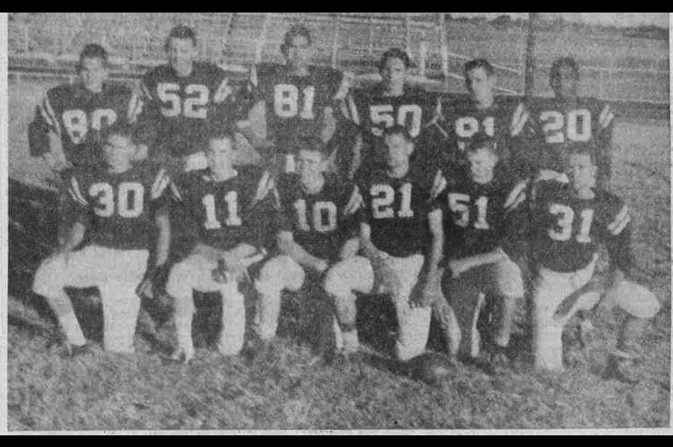 GRADUATING SENIORS who played their last high school game at Wetumka Friday night are (L-R) Front Row: Jerry Don Roberts, Wendell Oldacre, Ken Chowins, Joe Mangrum, Tex Brandon Nelson Harjo. Rear Row: Peewee Nichols, Glenn Stuckey, Robert Lucas, Ron Shepherd, Jimmy Saxon, and Clarence Hughes.