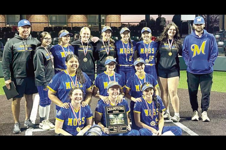 MOSS SOFTBALL IS LITTLE RIVER CHAMPS – Back row: Head Coach Mark Qualls, Bryleigh Jordan, Kinzlie Barbre, Graycee Janes, Landri Mills, Sloane Van Haren, Graclee Huff, Josslynn Rollins, Assistant Coach Tucker Brown; Middle row: Leah Harjochee, Paycee Van Haren, Tara Keesee; Front row: Kara Mayfield, Elexis Stafford, Tanna Brown