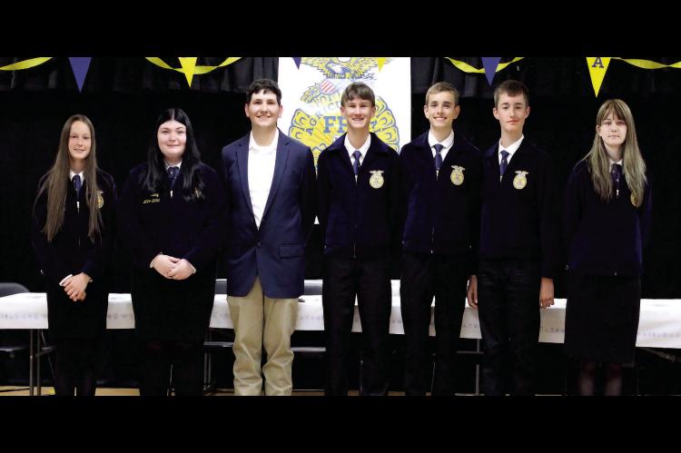 MEET THE 2026-2027 CALVIN FFA OFFICERS. Left to Right: Violet Roth (President), Kylie Taylor (Vice President), Mr. Wyatt Munholland (FFA Chapter Advisor), Jaxton Winningham (Treasurer), Colton Guffey (Sentinel), Alexander Roth (Reporter), Kensley Logan (Secretary)