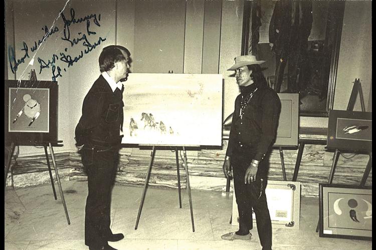 JONNY HAWK WAS HONORED AT THE OKLAHOMA STATE CAPITOL BY THEN GOVERNOR GEORGE NIGH AND HAD MANY OF HIS PAINTINGS ON DISPLAY AT THAT TIME.