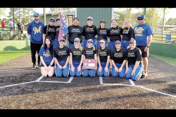 MOSS SLOWPITCH GETS REGIONAL RUNNER-UP. Back row: Assistant Coach Tucker Brown, Sloane Van Haren, Landri Mills, Leah Harjochee, Elexis Stafford, Tanna Brown, Laney Moreno, Graycee Janes, Head Coach Mark Qualls Front row: Hailey Peters, Makaylie Crawford, 