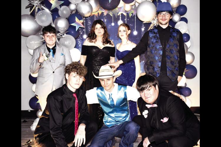 GRAHAM DUSTIN STUDENTS ATTEND LOCAL PROM. Front row: kneeling Colton Whitt. Henry Bennett, Beau Kaler. Back row: Canon Oglesby, Brina Kaler, Serenity Henry and Jonathan Johnson. Photo courtesy of Wanda Mankin.