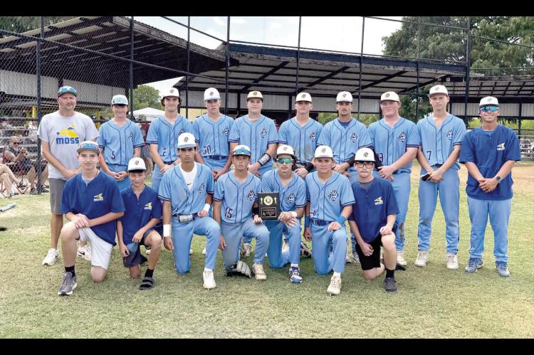 THE MOSS PIRATES BASEBALL TEAM BEAT CALERA IN THE TUPELO TOURNAMENT AND WERE CONSOLATION CHAMPIONS. Front row: Chance Brewer, Ryder Mudd, Gauge Lockhart, Levi Foster, Micah Wheeler, Tate Keesee, Brody Foster. Back row: Coach Michael Freeman, Jayden Priest, Garrett LaGrone, Jayden Hall, Easton Smith, Jackson O'Kelley, Landon Golden, Heston Nolen, Jameson O'Kelley, Coach Daxton Carter.