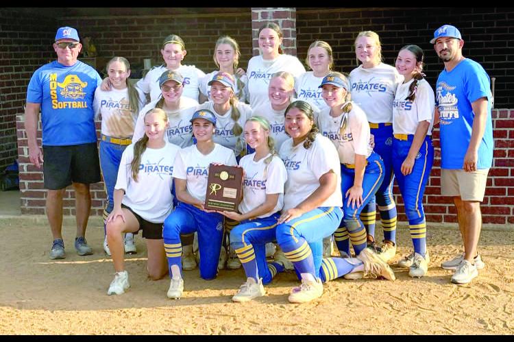 MOSS LADY PIRATES 2026 FASTPITCH DISTRICT CHAMPIONS. The Moss Lady Pirates hosted the first round of playoffs on Thursday, September 24th. Moss defeated Tupelo 11-2 and 10-2 to win the District Championship. The Lady Pirates (34-5) and currently ranked #7 in OSSAA Class B Fastpitch advance to the Regional Tournament beginning October 1st. Pictured are: (Back row, l to r) Head Coach Mark Qualls, Timber Powell, Cierra Wood, Rylynn Shelton, Josslynn Rollins, Kinzlie Barbre, Graclee Huff, Olivia Guinn, Assistan