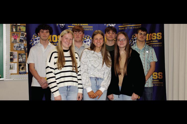 MOSS SOPHOMORE STUDENTS INDUCTED INTO NATIONAL HONOR SOCIETY MARCH 3. These students must meet certain academic requirements, demonstrate good character, and possess leadership abilities. Back row: Garrett LaGrone, Heston Nolen, Jackson O'Kelley, Jacob Gentry. Front row: Graycee Janes, Landri Mills, Sloane Van Haren.