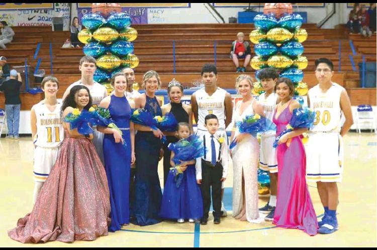QUEEN MCKENNA SMITH AND KING TAVIAN BUCK ARE PICTURED WITH THEIR ROYAL COURT FOLLOWING THE HOMECOMING CEREMONY ON SATURDAY. (front row - girls) Isabella Adam, Leigha Phillips, Faith Voigt, McKenna Smith, Carley Tatum, Liberty Jackson. (back row -boys) Bra