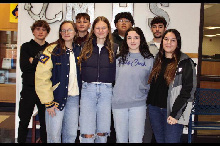 MOSS HOMECOMING COURT 2025: Pictured above: Back row: Tate Keesee (Sophomore), Jackson O'Kelley (Freshman), Tyler Harjochee (Junior), and Michael Simrell (Senior). Front row: Paycee Jo Van Haren (Sophomore), Landri Mills (Freshman), Kara Mayfield (Junior)
