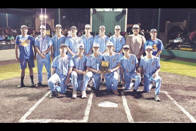 MOSS PIRATES TAKE 3RD PLACE IN PRESTON TOURNAMENT. Back row: Assistant Coach Michael Freeman, Landon Golden, Garrett Lagrone, Heston Nolen, Manning Robertson, Easton Smith, Jackson O’Kelley, Tyler Harjochee (manager), Head Coach Daxton Carter. Front row