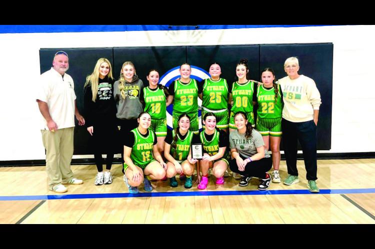 THE STUART LADY HORNETS ARE THE CIMARRON WINTER CLASSIC CONSOLATION CHAMPIONS. They beat Taloga and Cimarron to win the consolation plaque. Lady Hornets (l to r) back row: Assistant Coach Jeff Parnell, Miley Davis, Lainey Parnell, Abbi Shields, Kacyn Whit