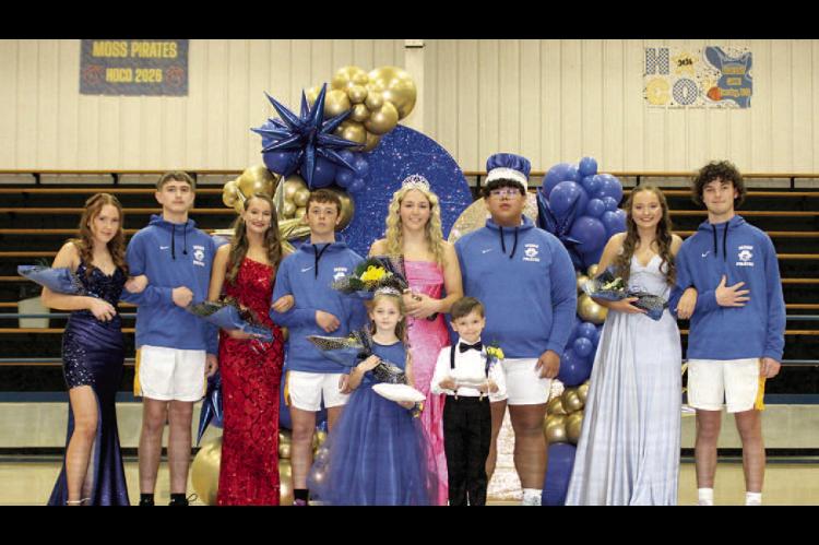 2026 MOSS HOMECOMING COURT: Front row - Kindergarten Court Rosslynn Story &amp; Wiggis Freeman Back row: Freshmen Candidates Cennly Snow &amp; Lane Upchurch, Junior Candidates Paycee Van Haren &amp; Levi Foster, Senior Candidates and King &amp; Queen Elexis Stafford and Tyler Harjochee, Sophomore Candidates Sloane Van Haren &amp; Garrett LaGrone
