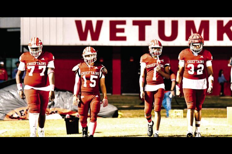 WETUMKA SENIOR FOOTBALL PLAYERS TAKE THE FIELD FOR SENIOR NIGHT IN WETUMKA... pictured above are Senior Chieftains Kylar Gordon, Joshua Lee, Nick Taylor, and Phillip Ross.