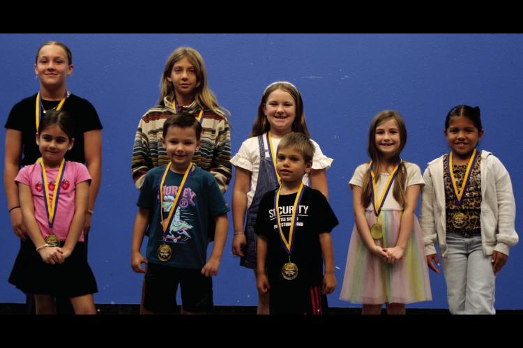 MOSS ELEMENTARY AND MIDDLE SCHOOL STUDENTS OF THE MONTH! Pictured above are: Back row: Vylie Cook, Keegan Peters, Quinn Brown, Billye Gann, Nevaeh Larney. Front row: Maggie Dilday, Wiggis Freeman, Matthias Orsburn