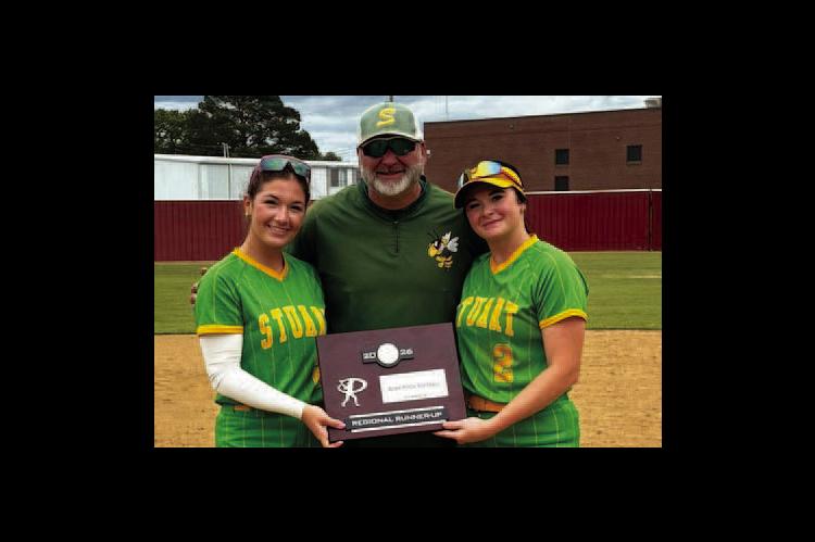 Two members of the Spring 2026, Stuart Lady Hornets softball team were selected as Slowpitch All-State Players. Seniors, Reagan Dominic and Kaci Justice, will represent Stuart at the All-State Game on June 13th at 1pm at Oklahoma Christian University. They are pictured with Stuart Coach, Jeff Parnell.