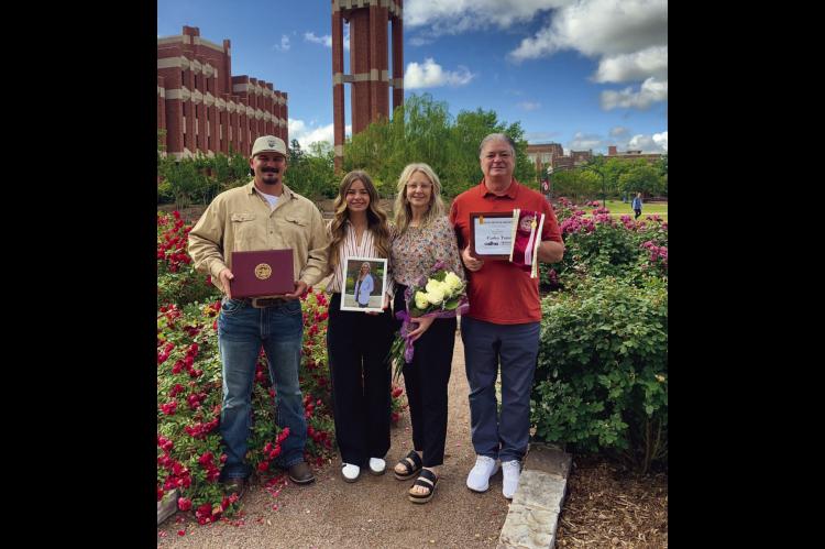 Carley Tatum’s family, Justin Fitzgerald , Courtney Tatum Fitzgerald, Krista Tatum, and Kevin Tatum receive her honorary degree from the University Oklahoma