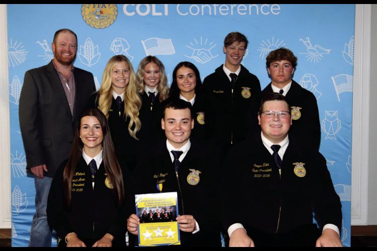 MOSS FFA OFFICERS ATTEND SE AREA COLT CONFERENCE. Back row: Mr. Purkins, Reese Harris (Sentinel), Annebel Parker (Vice President), Tara Keesee (Treasurer), Diesel Cook (Reporter), Tate Keesee (Secretary); Front row: Isabelle Whitlock (Southeast Area Vice 