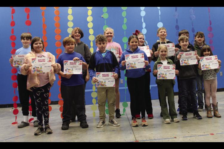 MOSS MATH FACT CHAMPIONS: Back row - Roman Williams, Robbie Quinci, Ginelle Huff, Rylee Pitts, Blake McNaughten, Cruz Powell, Noble Shirley; Front row - Alice Gann, Weston Taylor, Hurley Garner, Lexi Wood, Maeble Mudd, Logan Moreno, Billye Gann