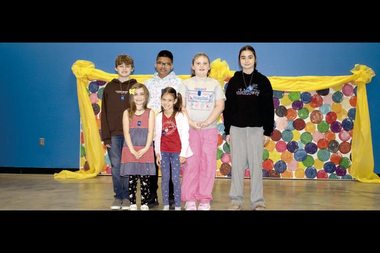 MOSS ELEMENTARY TOP AR SCORES FOR FEBRUARY - Back row- Noble Shirley, Austynn Jim, Rylee Pitts, Peyton Sanford; Front row- Billye Gann, Anna Orsburn