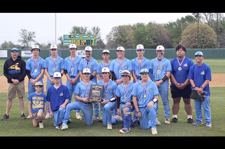 MOSS BASEBALL WINS LITTLE RIVER CONFERENCE – Back row: Assistant Coach Michael Freeman, Garrett La-Grone, Lane Upchurch, Tredyn Armstrong, Landon Golden, Levi Foster, Heston Nolen, Manning Robertson, Jackson O'Kelley, Tyler Harjochee, Head Coach Daxton Carter; Front row: Knox Harris, Brody Foster, Jett Rollins, Dillon Robinson, Tate Keesee, Easton Smith