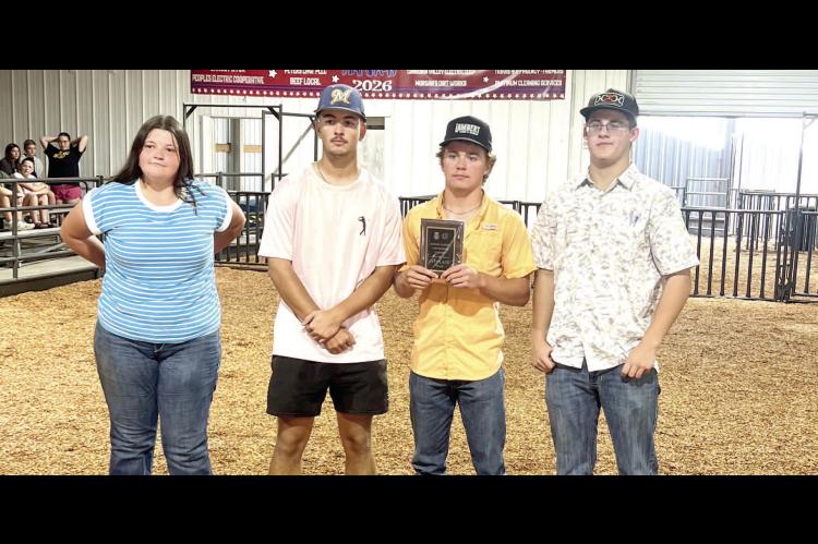 MOSS FFA MEMBERS - HUGHES COUNTY FREE FAIR FIRST OVERALL LAND JUDGING TEAM. Pictured left to right: Cierra Wood, Landon Golden, Tate Keesee, Jacob Gentry. Landon Golden - High Individual. Tate Keesee - 2nd High Individual. Jacob Gentry - 3rd High Individual