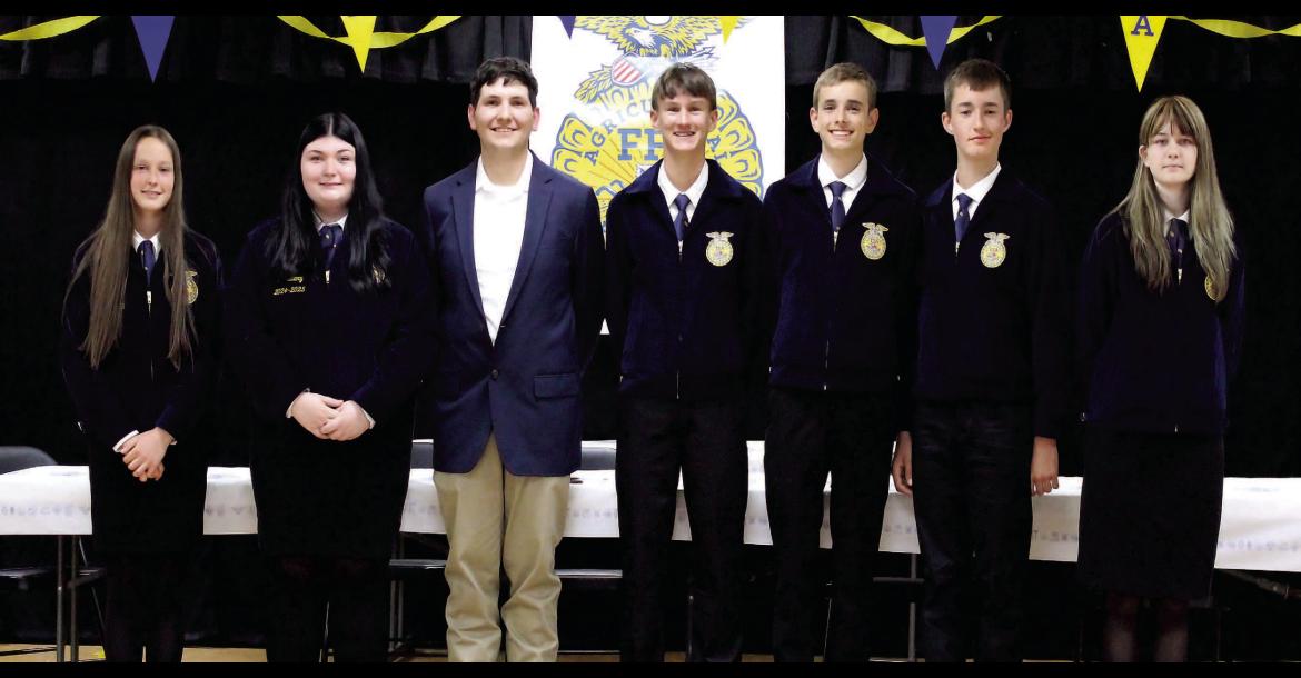 MEET THE 2026-2027 CALVIN FFA OFFICERS. Left to Right: Violet Roth (President), Kylie Taylor (Vice President), Mr. Wyatt Munholland (FFA Chapter Advisor), Jaxton Winningham (Treasurer), Colton Guffey (Sentinel), Alexander Roth (Reporter), Kensley Logan (Secretary)