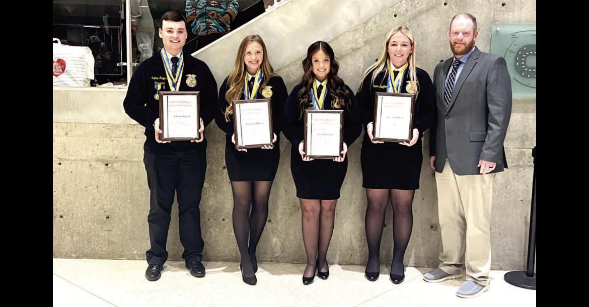 FOUR MOSS SENIORS RECEIVE THEIR STATE FFA DEGREE AT STATE CONVENTION... These four Moss FFA Members walked across the state at the State FFA Convention to receive their State FFA Degree, the highest honor in FFA at the state level. Pictured above (left to right) - Lathan Rogers, Reese Harris, Annebel Parker, Elexis Stafford, Mr. Purkins