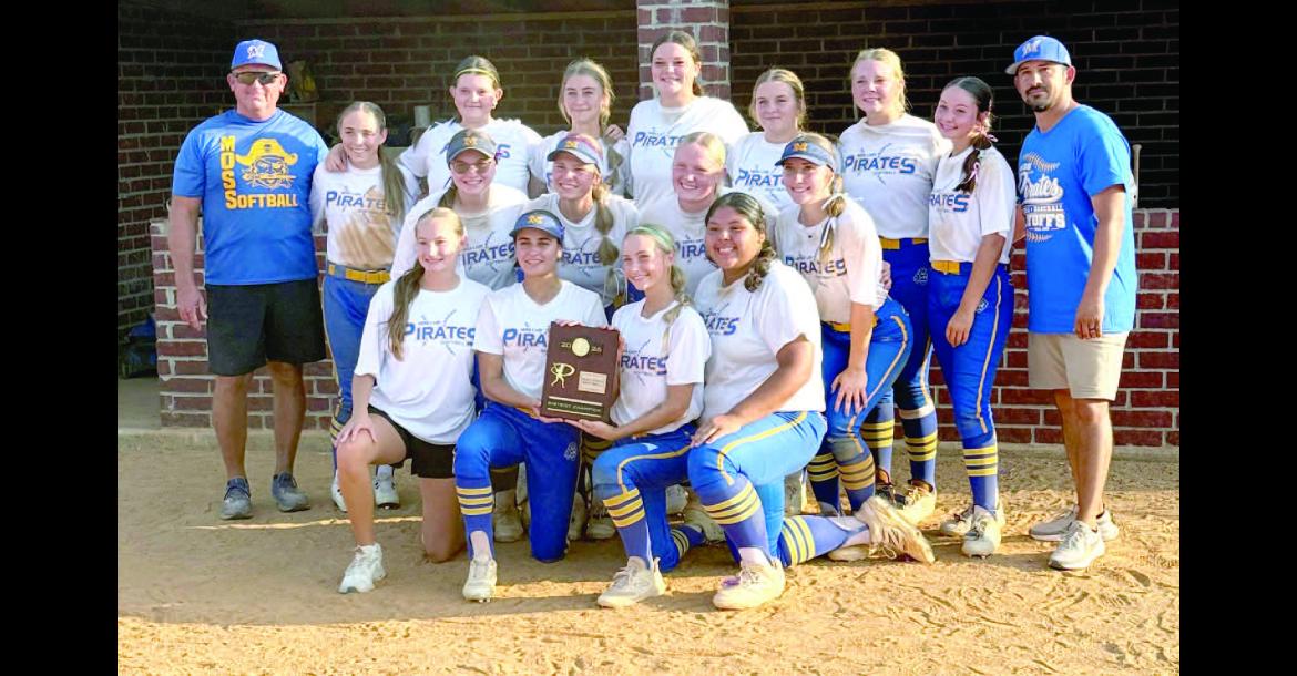 MOSS LADY PIRATES 2026 FASTPITCH DISTRICT CHAMPIONS. The Moss Lady Pirates hosted the first round of playoffs on Thursday, September 24th. Moss defeated Tupelo 11-2 and 10-2 to win the District Championship. The Lady Pirates (34-5) and currently ranked #7 in OSSAA Class B Fastpitch advance to the Regional Tournament beginning October 1st. Pictured are: (Back row, l to r) Head Coach Mark Qualls, Timber Powell, Cierra Wood, Rylynn Shelton, Josslynn Rollins, Kinzlie Barbre, Graclee Huff, Olivia Guinn, Assistan