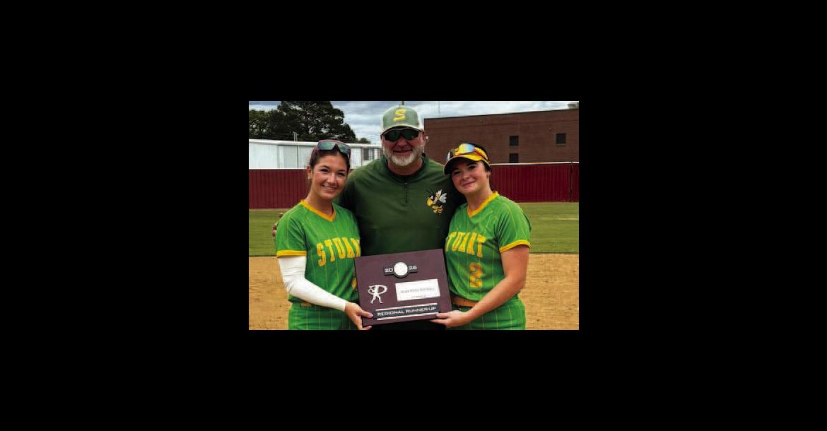 Two members of the Spring 2026, Stuart Lady Hornets softball team were selected as Slowpitch All-State Players. Seniors, Reagan Dominic and Kaci Justice, will represent Stuart at the All-State Game on June 13th at 1pm at Oklahoma Christian University. They are pictured with Stuart Coach, Jeff Parnell.