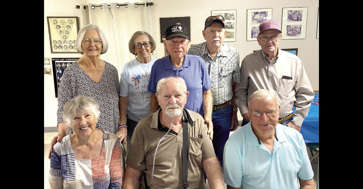 GERTY DAYS was held June 27 and several members from the class of 1965 were there for the reunion. Pictured are (left to right) Seated - Linda Meyer, Truman Doyle, Leon Snider. Standing - Phyllis McDougal, Sandra Wood, Randell Miller, Willard Little, Mickey Hightower. Everyone had a great time together!