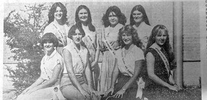 SUCKER DAY QUEEN HOPEFULS... Eight of the 12 Wetumka pretty contestants posed for this picture as the contest will be decided one week from Friday, August 22. They included (back row, left to right) Carlise Cate, Anita Stringfellow, Debbie Morgan, Tammy Umsted (seated left to right) Robin Benham, Julie Peixotto, Lisa Fields, and June Ray.