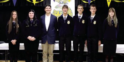 MEET THE 2026-2027 CALVIN FFA OFFICERS. Left to Right: Violet Roth (President), Kylie Taylor (Vice President), Mr. Wyatt Munholland (FFA Chapter Advisor), Jaxton Winningham (Treasurer), Colton Guffey (Sentinel), Alexander Roth (Reporter), Kensley Logan (Secretary)