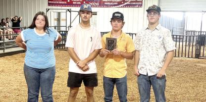 MOSS FFA MEMBERS - HUGHES COUNTY FREE FAIR FIRST OVERALL LAND JUDGING TEAM. Pictured left to right: Cierra Wood, Landon Golden, Tate Keesee, Jacob Gentry. Landon Golden - High Individual. Tate Keesee - 2nd High Individual. Jacob Gentry - 3rd High Individual