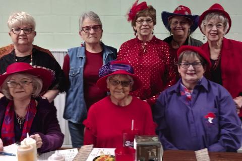 Eight lovely Red Hat Ladies met January 14 at the Boom-a-Rang for our monthly meeting and ready to eat! After paying our dues and tip monthly