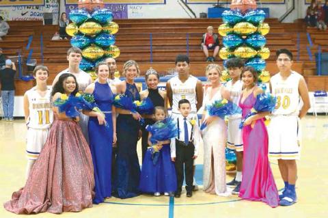 QUEEN MCKENNA SMITH AND KING TAVIAN BUCK ARE PICTURED WITH THEIR ROYAL COURT FOLLOWING THE HOMECOMING CEREMONY ON SATURDAY. (front row - girls) Isabella Adam, Leigha Phillips, Faith Voigt, McKenna Smith, Carley Tatum, Liberty Jackson. (back row -boys) Bra