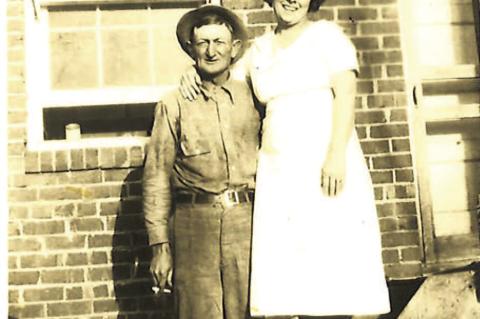 Bill and Dorothy Reese back of Quick Lunch Cafe in Calvin, mid-late 1930’s. About 1937, the cafe was moved to the corner where the post offi ce is now. (1989).