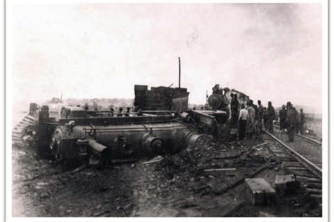 This wreck was the last run before the retirement of engineer VanArsdale. It occurred five miles east of Weleetka, OK on Feb. 19, 1921, and was caused by speeding. Engine #1. The engine remains upright.