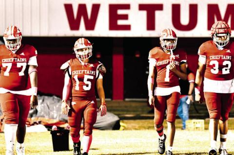 WETUMKA SENIOR FOOTBALL PLAYERS TAKE THE FIELD FOR SENIOR NIGHT IN WETUMKA... pictured above are Senior Chieftains Kylar Gordon, Joshua Lee, Nick Taylor, and Phillip Ross.