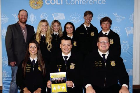 MOSS FFA OFFICERS ATTEND SE AREA COLT CONFERENCE. Back row: Mr. Purkins, Reese Harris (Sentinel), Annebel Parker (Vice President), Tara Keesee (Treasurer), Diesel Cook (Reporter), Tate Keesee (Secretary); Front row: Isabelle Whitlock (Southeast Area Vice 