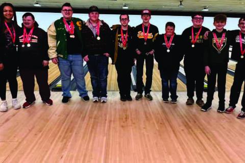 FIVE SPECIAL OLYMPIANS AND THEIR PEER MENTORS FROM STUART PUBLIC SCHOOL WON GOLD MEDALS AT THE WINTER GAMES IN DURANT IN JANUARY.